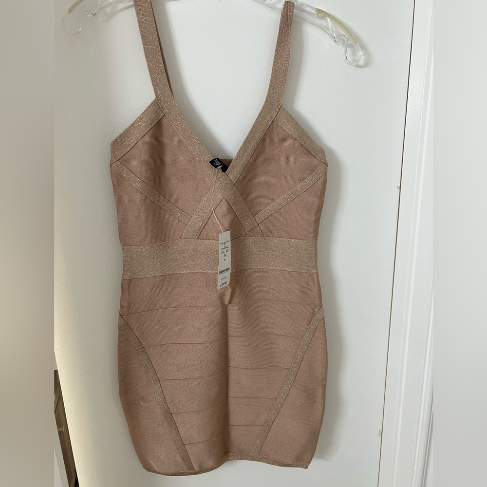 New WT Bebe nude Tan shimmer Mini bandage bodycon Dress